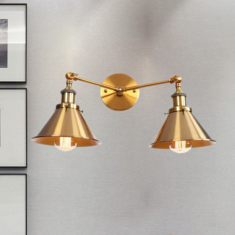 BowLift | Tapered Umbrella Iron Wall Mount Light Industrial Vintage 2 Heads Farmhouse Wall Mount Light in Black/Brass