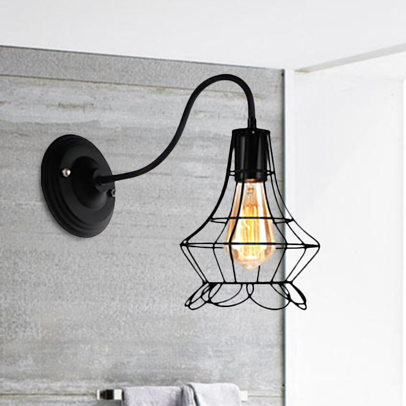 BowLift | Black 1 Light Wall Lamp Retro Style Metal Diamond/Star Wall Light with Cage Shade for Café