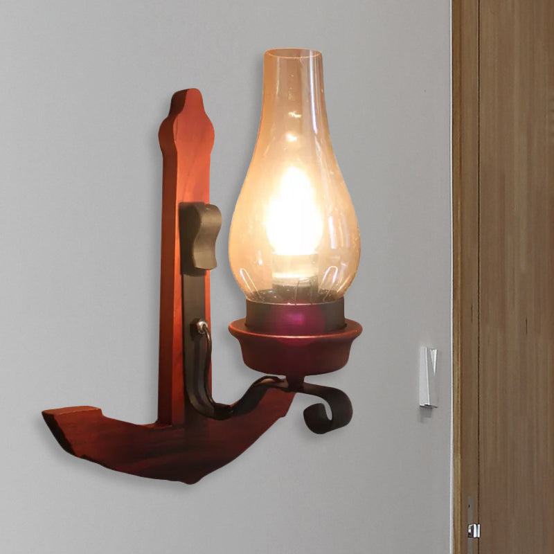 BowLift | Vase Porch Wall Lamp Light Fixture Industrial Clear Glass Red Colored Wall Lamp with Wooden Back Plate