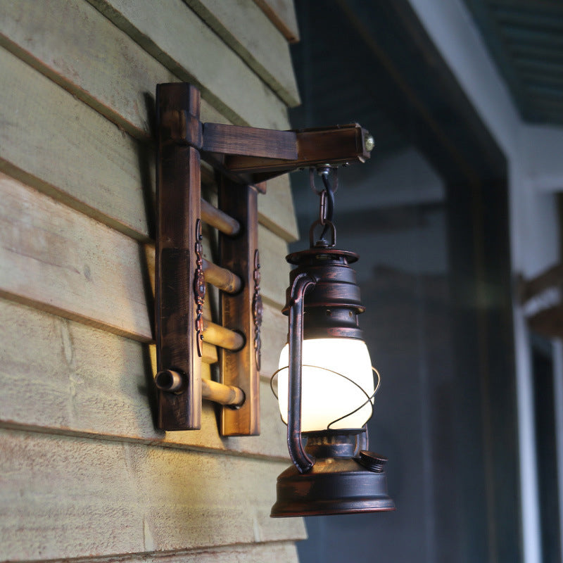 BowLift | Antique Copper Cylinder Wall Lighting Vintage Clear Glass 1 Light Porch Sconces Light with Cage and Wooden Backplate