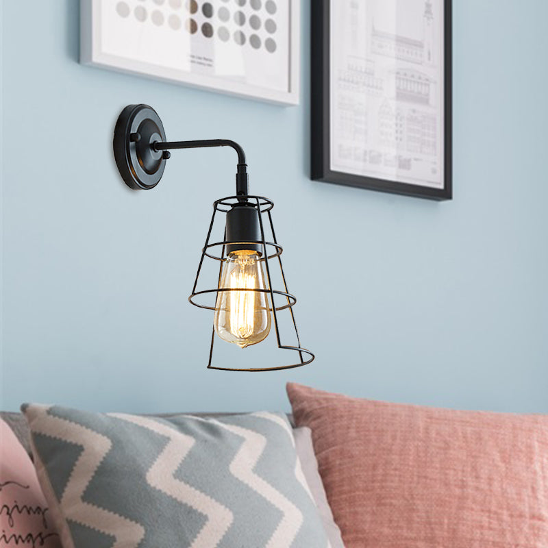 BowLift | Vintage Style Conic Cage Wall Lamp with Curved Arm 1 Light Metal Wall Lamp in Black/White