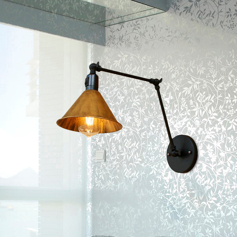 BowLift | Swing Arm Bedroom Wall Light Vintage Style Metallic 1 Head Antique Brass Wall Lamp with Cone Shade