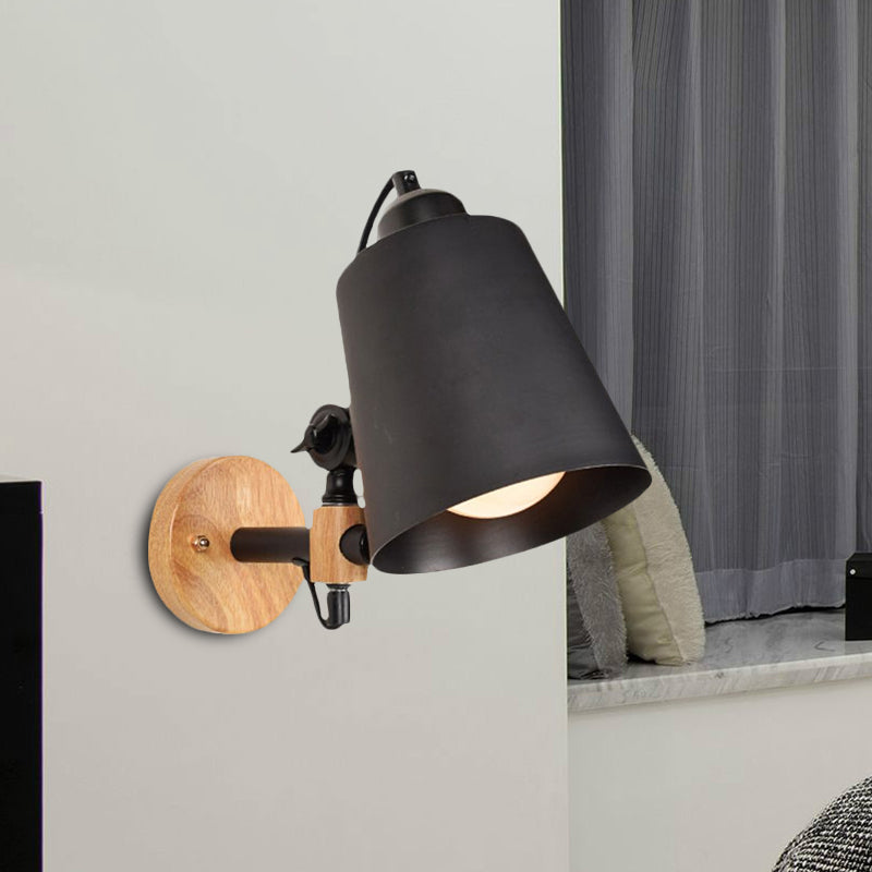 BowLift | Bucket Shade Metal Wall Lamp Modernism 1 Light Hallway Wall Mounted Light with Wooden Back Plate in Black/White