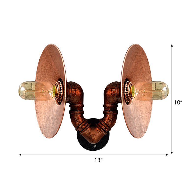 BowLift | Dark Rust Round Wall Light Rustic Style Wrought Iron 2 Bulbs Bedroom Wall Mounted Light with Pipe