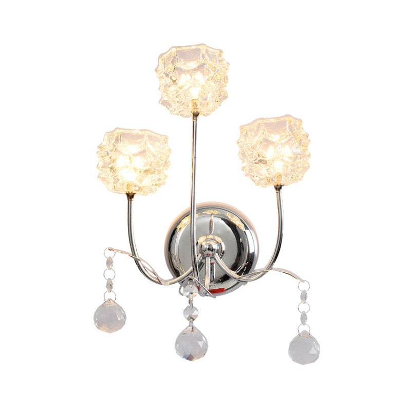 BowLift | Chrome 3 Heads Wall Sconce Contemporary Metal Curvy Arm Wall Lighting with Floral Crystal Shade