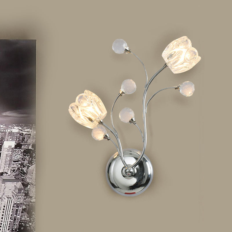 BowLift | Clear Cut Crystal Balls Chrome Wall Lamp Rotating Arm 2 Lights Modern Surface Wall Sconces with Flower Shade