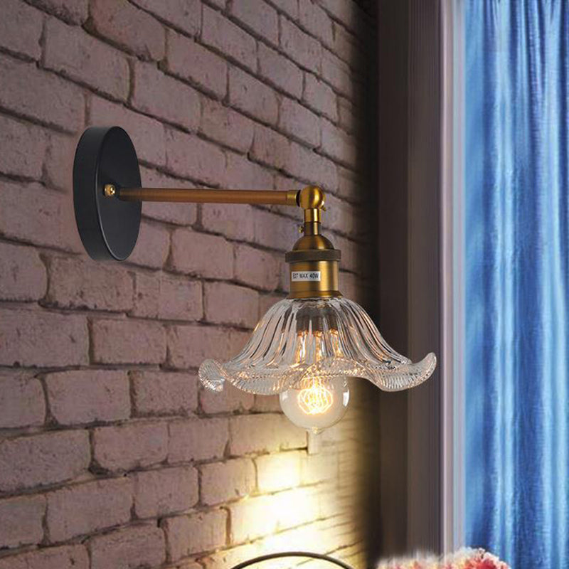 BowLift | Clear Ribbed Glass Cone/Flower Wall Lamp Industrial 1 Light Living Room Lighting Fixture in Brass for Dining Room