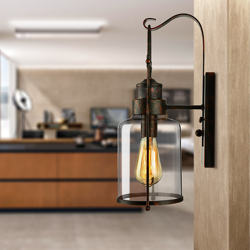 BowLift | Cylinder clear glass wall-mounted lamp industrial single bulb living room wall sconce in black/white/rust with cage