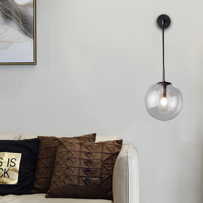 BowLift | Round clear glass wall-mounted lamp industrial single bulb bedroom vanity wall light in chrome/brass/black, 6"/8" wide