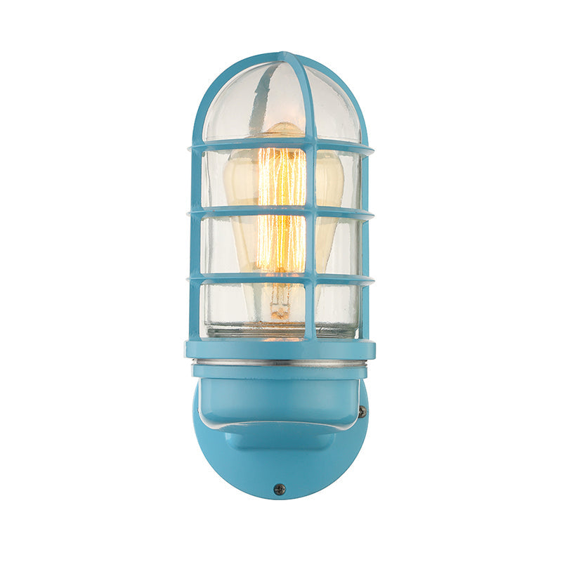 BowLift | Cylinder Clear Glass Wall Mounted Lamp Industrial Single Bulb Living Room Wall Light in Pink/Blue/Green with Cage