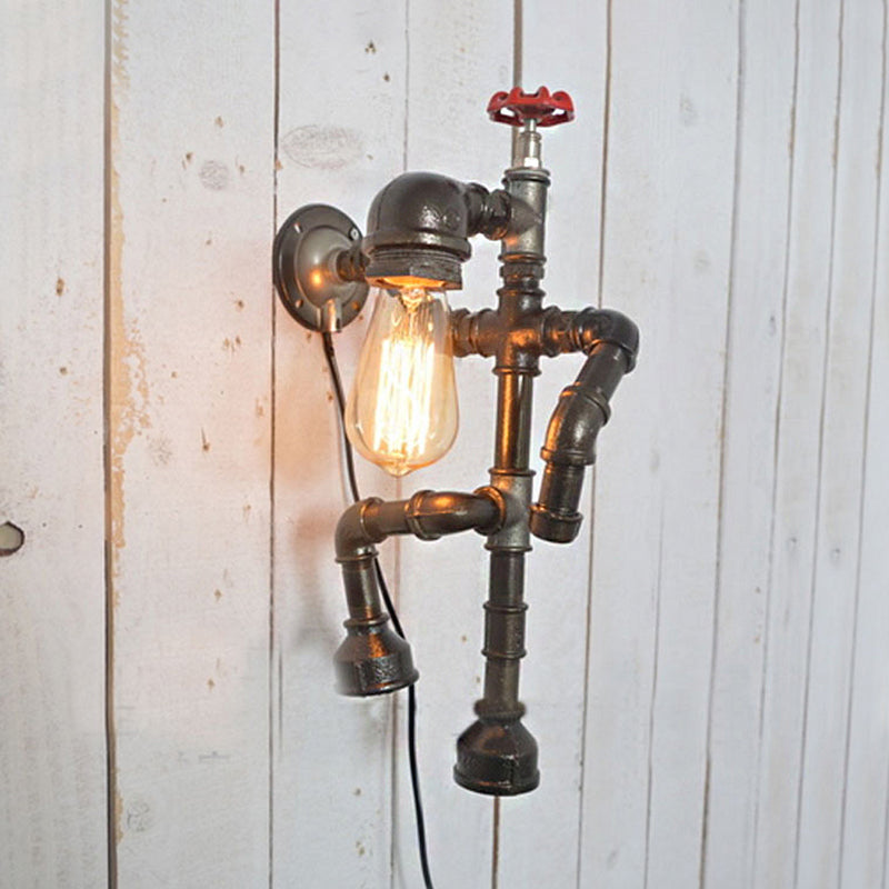 BowLift | Bronze Finish Robot Sconce Light with Expose Bulb and Red Valve Vintage Metallic 1 Head Corridor Wall Lighting