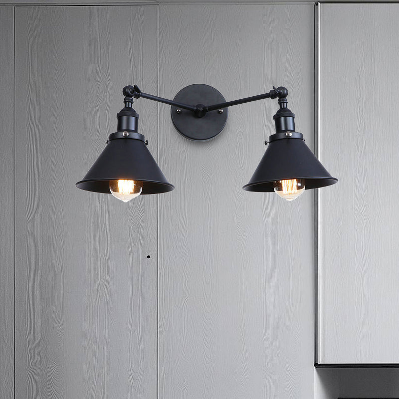 BowLift | Tapered Umbrella Iron Wall Mount Light Industrial Vintage 2 Heads Farmhouse Wall Mount Light in Black/Brass