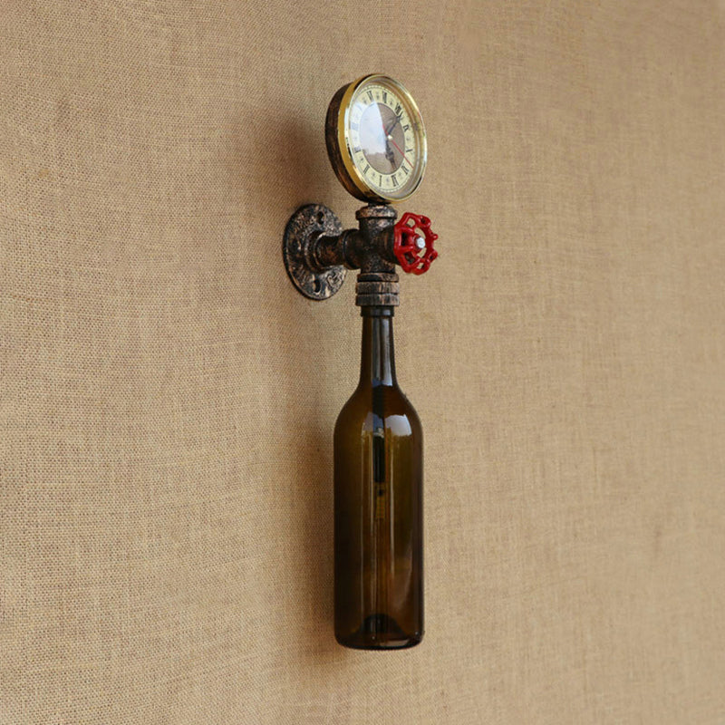 BowLift | Brown/Blue Bottle Wall Sconce Lamp Vintage Stylish Glass 1 Bulb Living Room Wall Lighting with Manometer and Valve