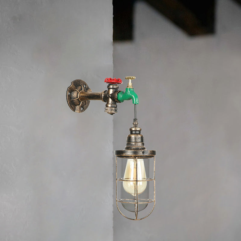 BowLift | Faucet Design Metal Wall Lamp Steampunk Style 1 Bulb Balcony Wall Light with Wire Protection in Antique Bronze