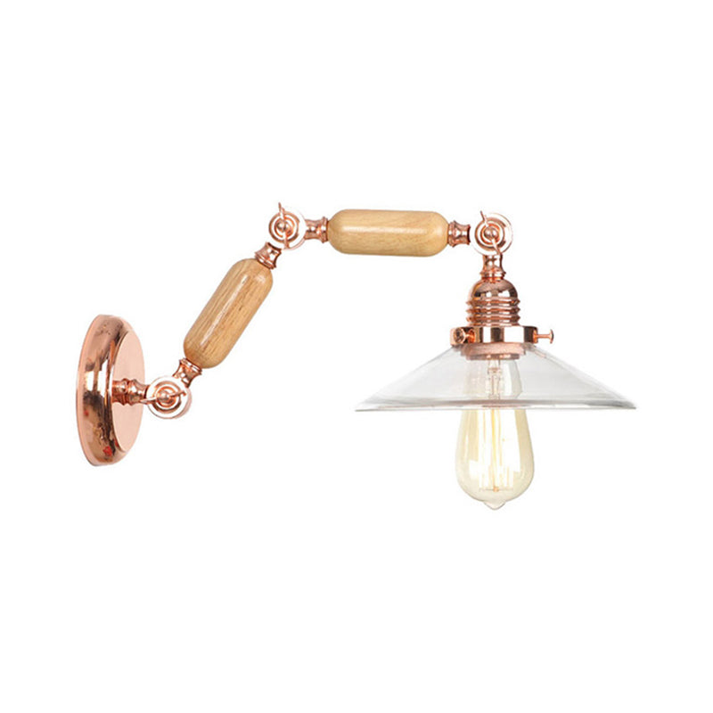 BowLift | Clear Glass Wood Wall Light Cone 1-Light Industrial Wall Lamp with Extendable Arm