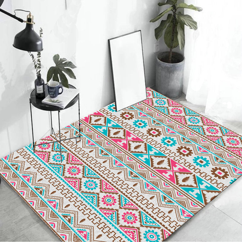 BowLift | Banded Tribal printed rug with Native symbols washable non-slip stain-resistant rug for the bedroom in blue and pink