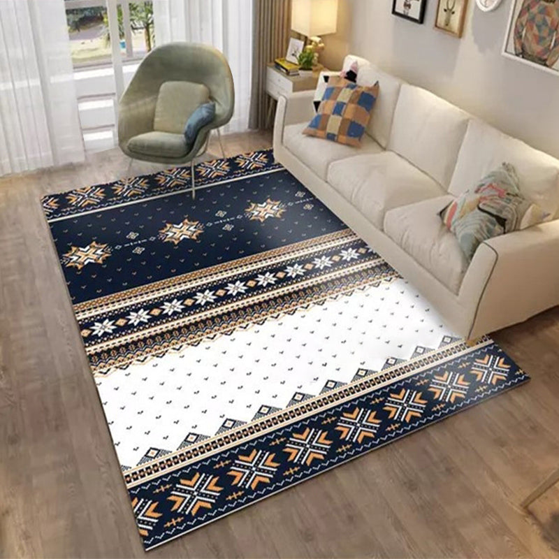 BowLift | Blue Banded Tribal Carpet with Dots Artificial Anti-Slip Power Loom Flooring Carpet for the Living Room