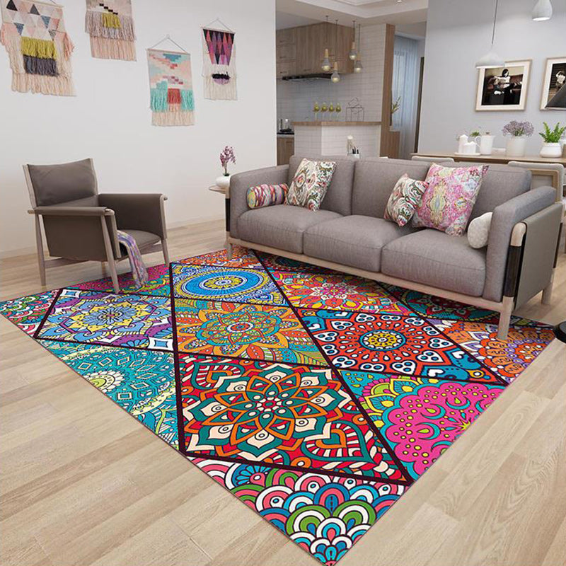BowLift | Colorful Bedroom Rug Moroccan Floral Diamond Dot Pattern Rug Polyester Machine Washable Non-Slip Backing Rug for Living Room