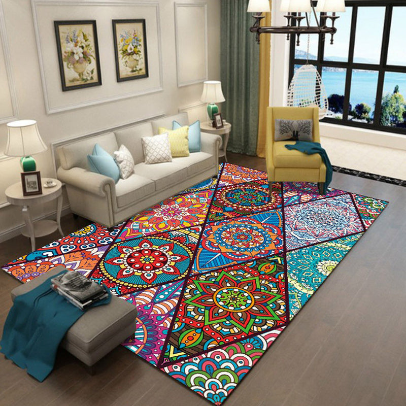 BowLift | Colorful Bedroom Rug Moroccan Floral Diamond Dot Pattern Rug Polyester Machine Washable Non-Slip Backing Rug for Living Room