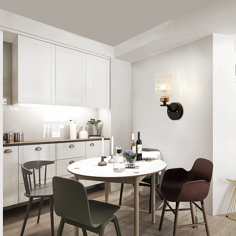 BowLift | Clear Crystal Cylinder Wall Light Sconce Contemporary 1 Light Sconce Lamp with Metallic Curved Arm in Black