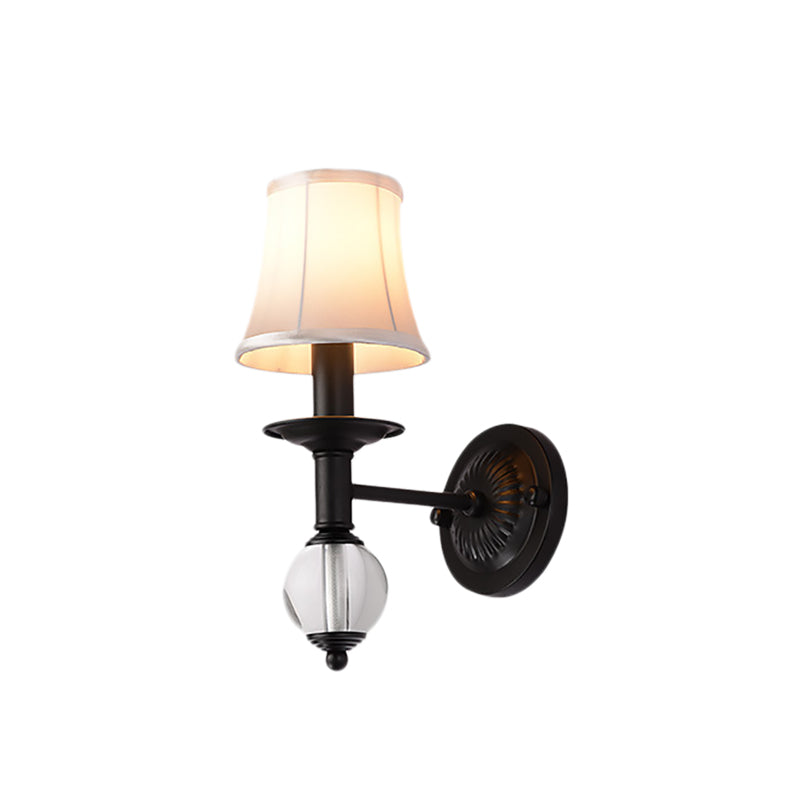 BowLift | White Fabric Bell Wall Lamp Contemporary 1 Light Wall Lamp with Crystal Ball and Straight Arm in Black