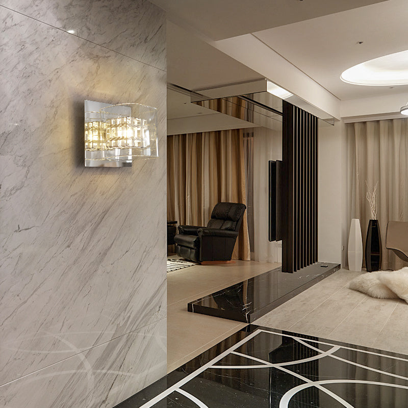 BowLift | Clear Glass Square Wall Lamp Contemporary 1 Light Wall Lamp with Inner Wire Shade in Chrome for Hallway