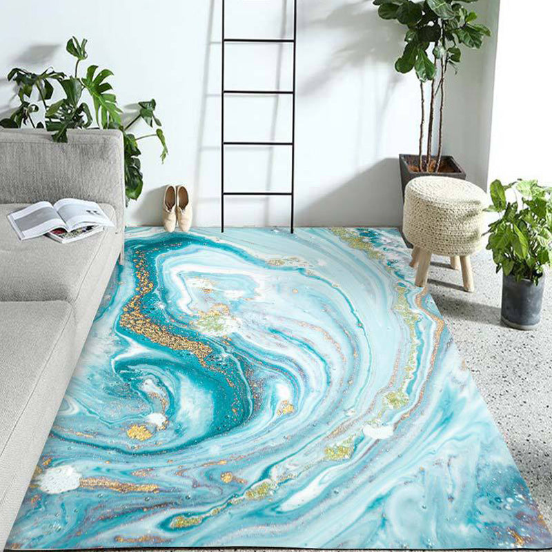 BowLift | Funky Marble Pattern Rug Blue Modern Rug Polyester Washable Non-Slip Back Area Rug for Bedroom