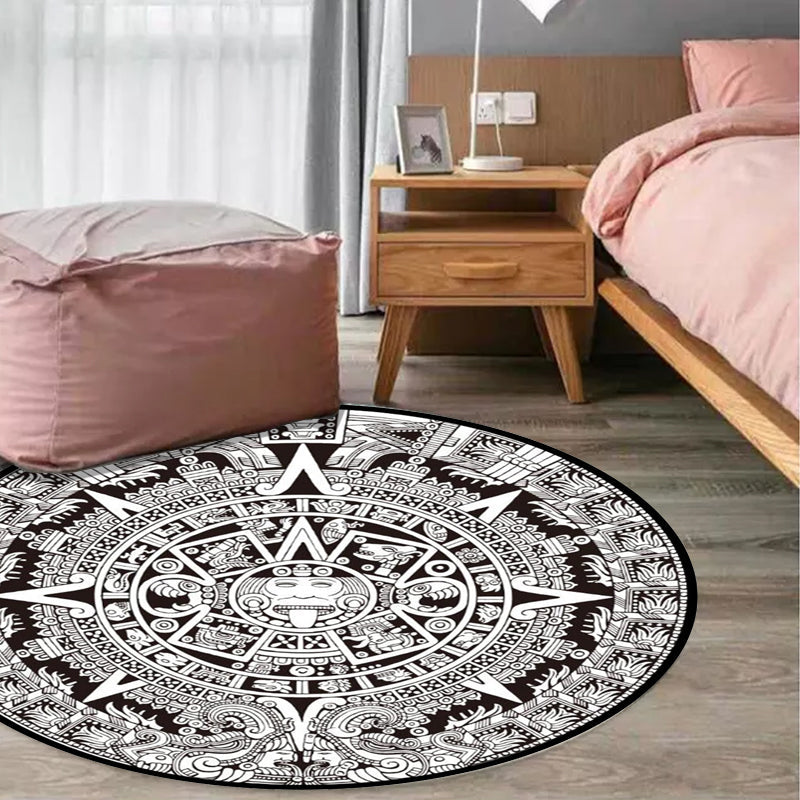 BowLift | Black-white Bedroom Carpet Southwestern Tribal Circle Design Carpet Polyester Non-slip Washable Carpet