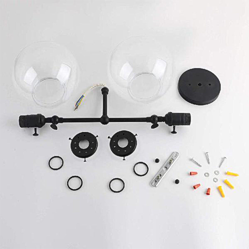 BowLift | Round Living Room Wall Light Industrial Clear Glass 2-Lamp Black/Brass Wall Lamp for the Office