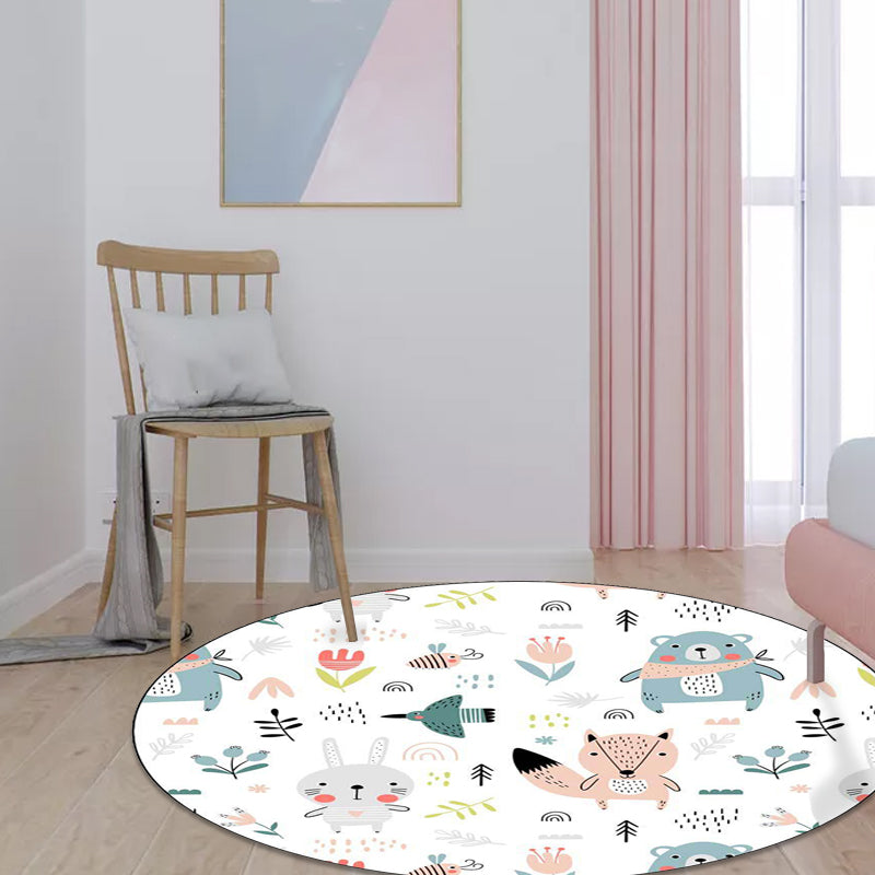 BowLift | White Children's Bedroom Carpet Children Animal Rabbit Fox Bear Flower Pattern Area Rug Polyester Non-Slip Mat