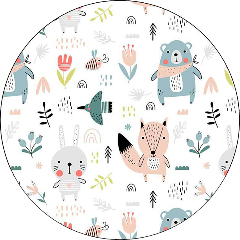 BowLift | White Children's Bedroom Carpet Children Animal Rabbit Fox Bear Flower Pattern Area Rug Polyester Non-Slip Mat