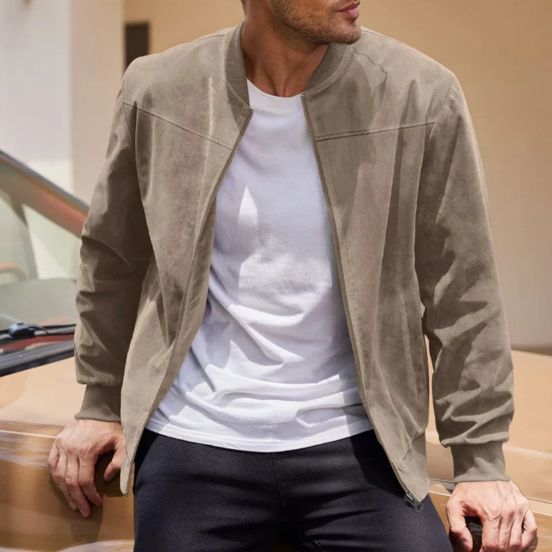 Suede Finish Bomber Jacket with Rib Detail