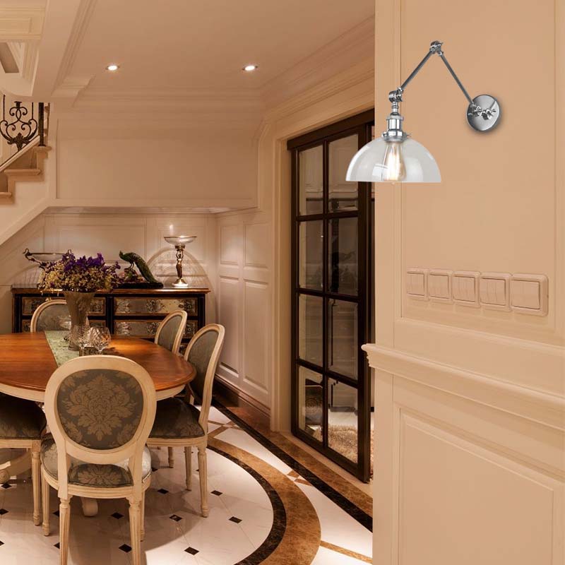 BowLift | Dome Clear Glass Wall Lamp Industrial Simple Bulb Dining Room Sconces Light in Chrome