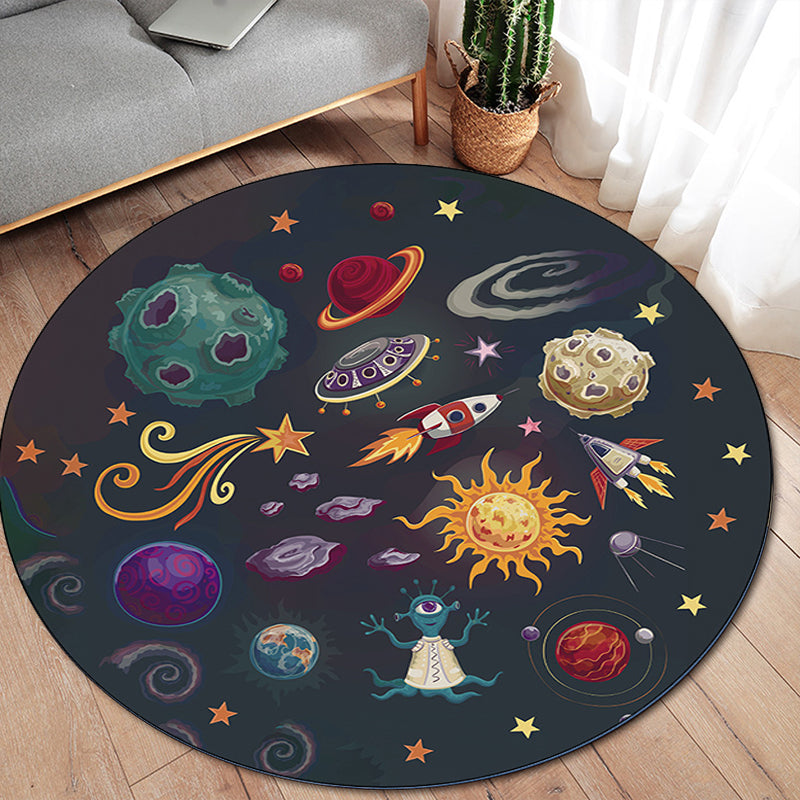 BowLift | Children's room carpet in black space alien planet rocket print carpet polyester machine washable area rug