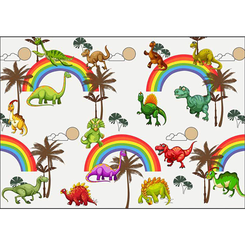 BowLift | White Children's Room Rug Kids Animal Dinosaurs Rainbow Tree Pattern Area Rug Polyester Washable Pet-Friendly Carpet