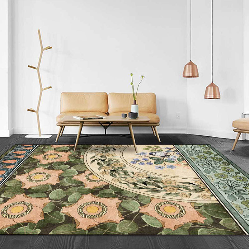 BowLift | Green Oriental Carpet Polyester Flower and Bird Pattern Carpet Washable Non-Slip Backing Carpet for Bedroom