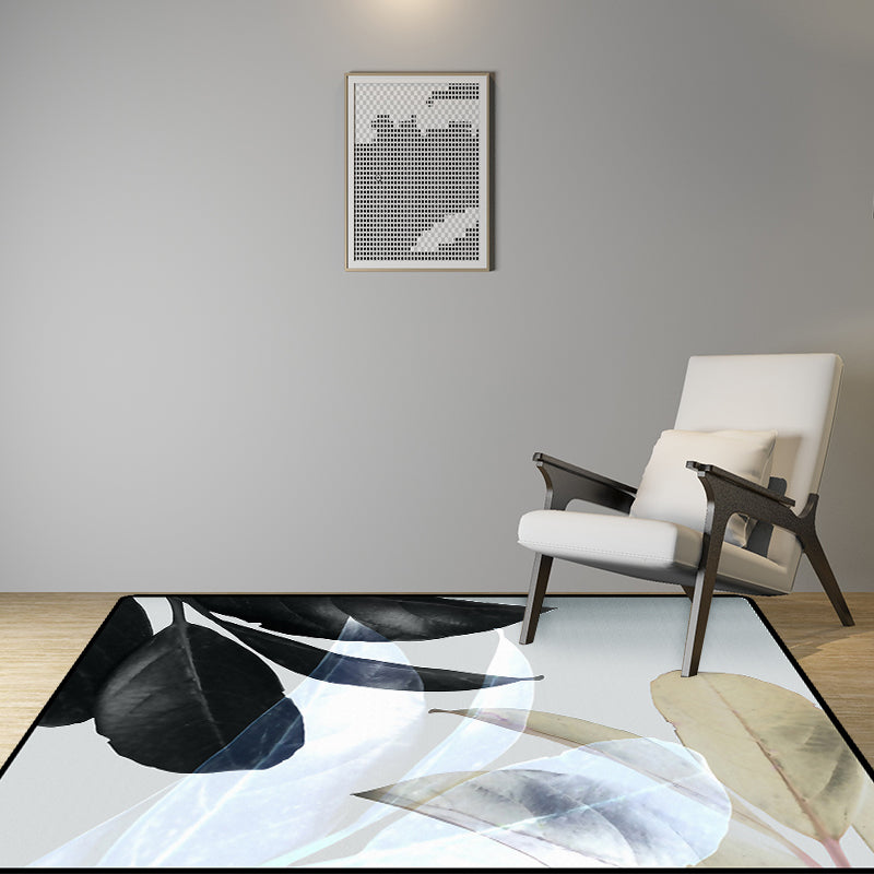 BowLift | Black and White Oriental Carpet Polyester Leaf Pattern Carpet Washable Non-Slip Backing Rug for Living Room