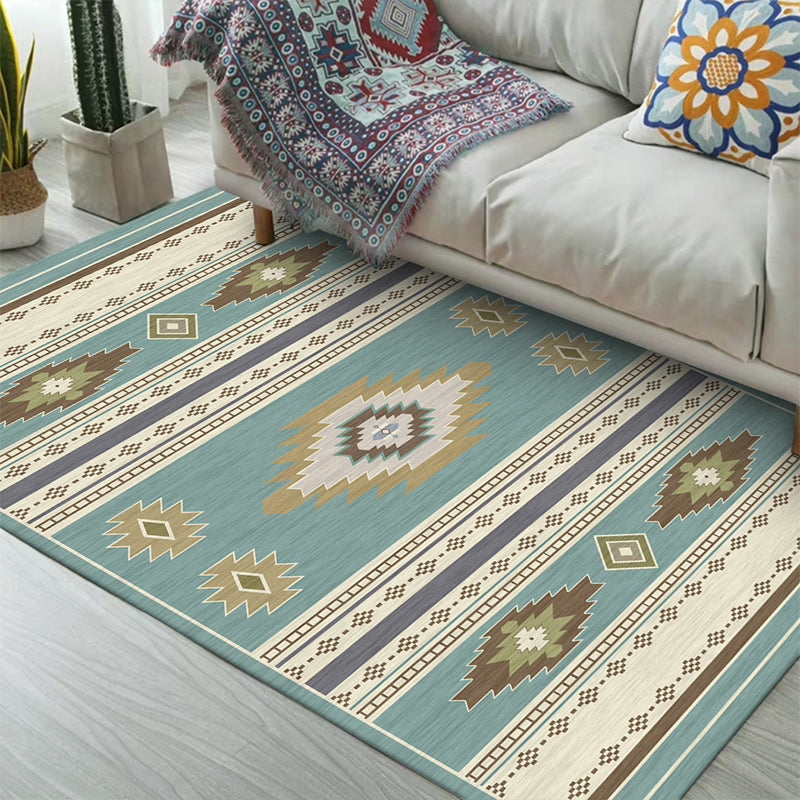 BowLift | Unique geometric pattern rug Blue and Green Vintage rug Polyester Washable Non-slip backing Rug for bedroom