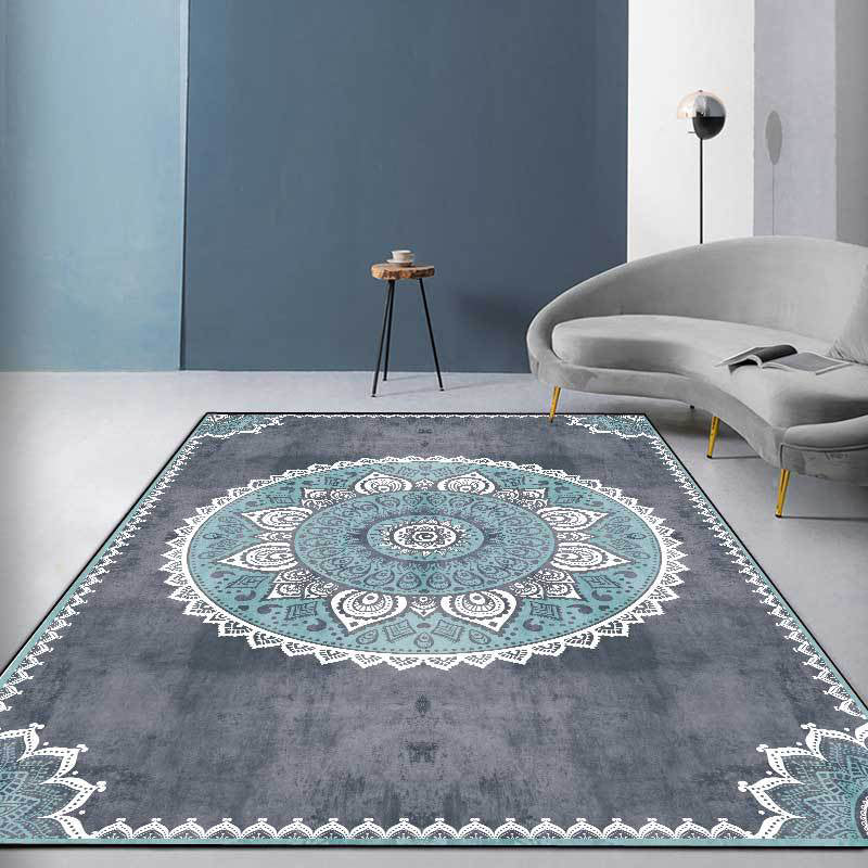 BowLift | Blue and Gray Moroccan Carpet Polyester Floral Pattern Washable Carpet Non-slip Back Carpet for Living Room
