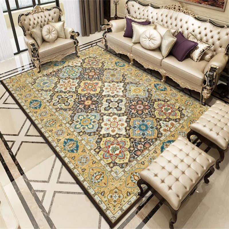 BowLift | Stylish Tribal Pattern Carpet with Flowers Yellow Vintage Carpet Polyester Washable Non-Slip Back Bedroom Rug