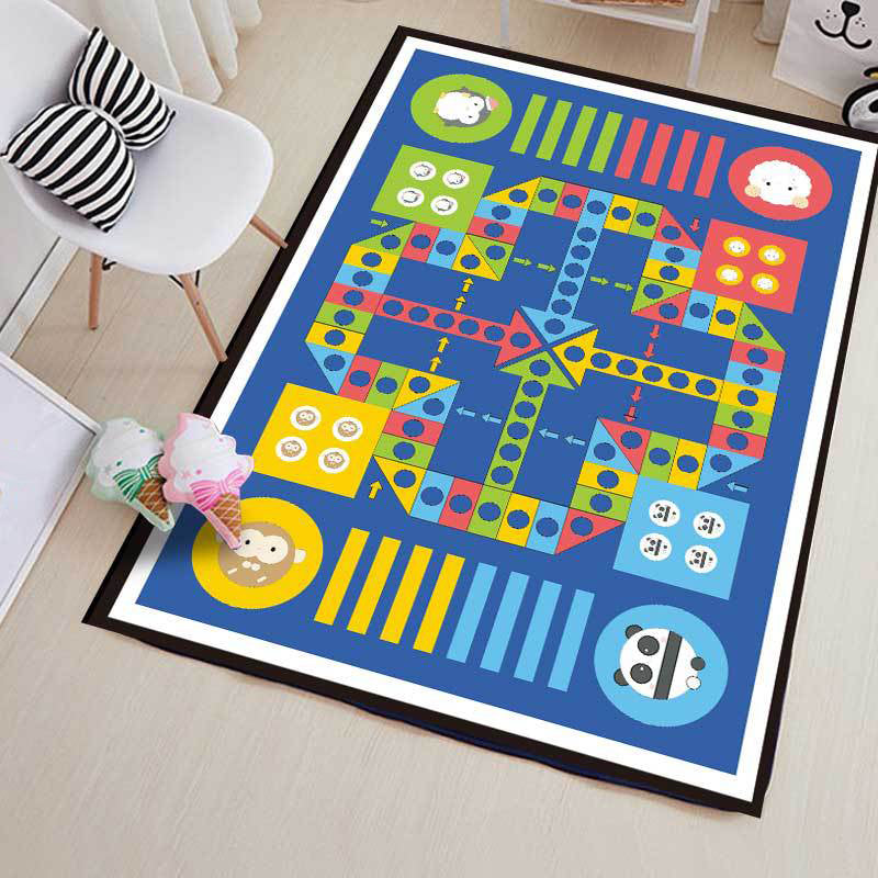 BowLift | Blue Children's Room Carpet Children Educational Ludo Pattern Area Rug Polyester Pet Friendly Washable Rug