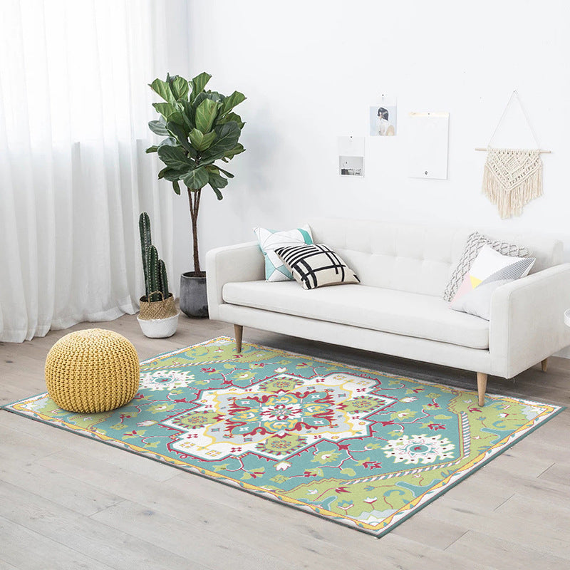 BowLift | Pink and Blue Mediterranean Carpet Polyester Medallion Pattern Carpet Washable Non-Slip Backing Carpet for Living Room