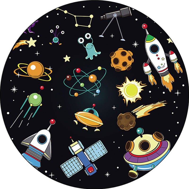 BowLift | Unique Children's Carpet in Black Outdoor Space Airplane Planet Star Patterns Carpet Polyester Pet Friendly Area Rug for Children's Room