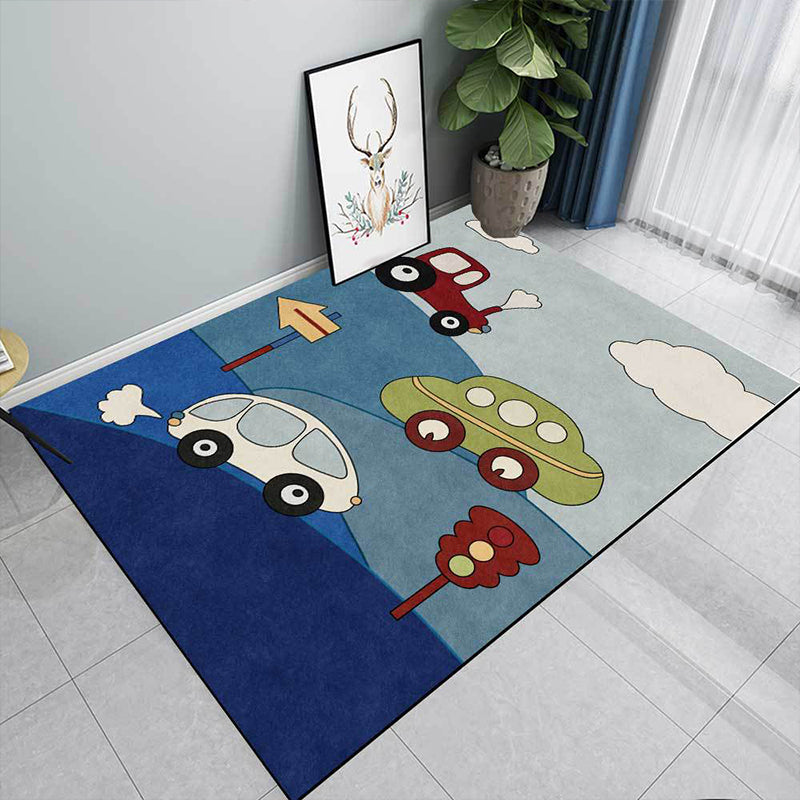 BowLift | Blue Children's Room Carpet Kids Cars & Roads Signal Cloud Pattern Area Rug Polyester Washable Pet Friendly Rug