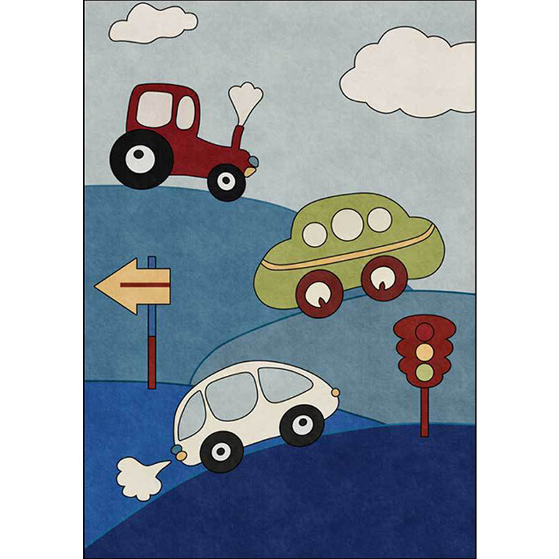 BowLift | Blue Children's Room Carpet Kids Cars & Roads Signal Cloud Pattern Area Rug Polyester Washable Pet Friendly Rug