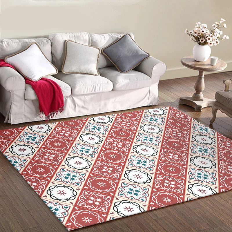 BowLift | Classic Checkered Pattern Carpet with Floral Red Vintage Carpet made of Polyester washable with non-slip backing Carpet for the Bedroom