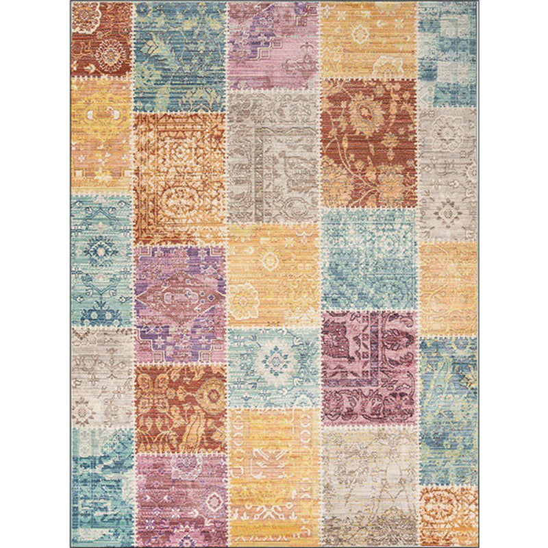 BowLift | Vintage Tribal Checked Pattern Rug Yellow Multicolor Shabby Chic Rug Polyester Washable Non-Slip Back Rug for Living Room