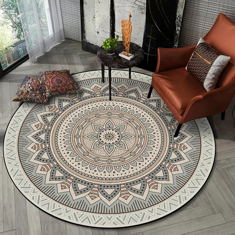 BowLift | Light Green Southwest Carpet Polyester Concentric Circles and Floral Pattern Carpet Washable Non-Slip Back Carpet for Living Room