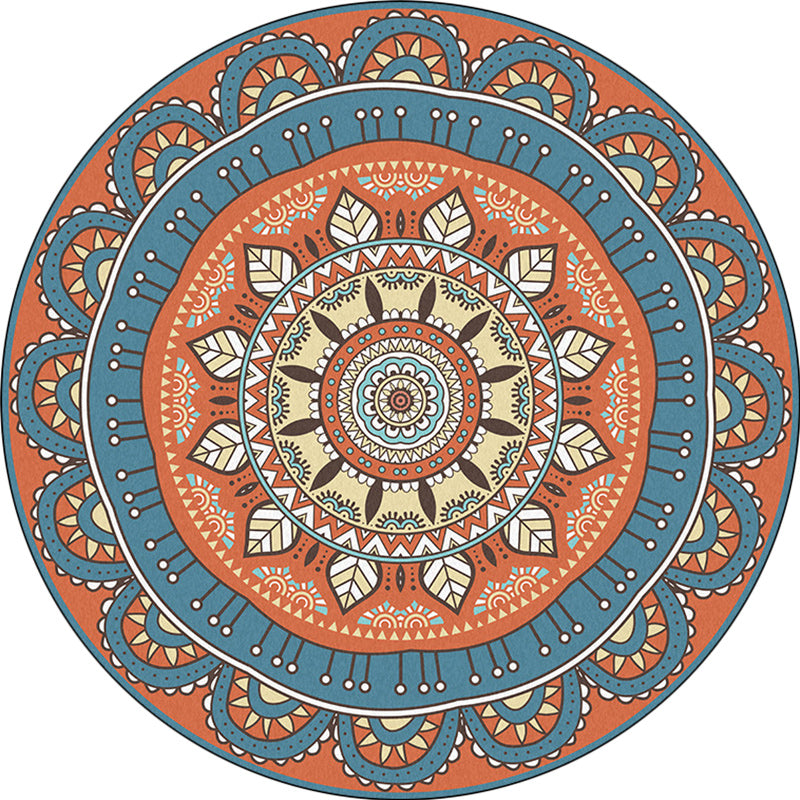 BowLift | Americana concentric circles pattern rug with floral orange and blue tones polyester rug machine washable non-slip rug for the bedroom