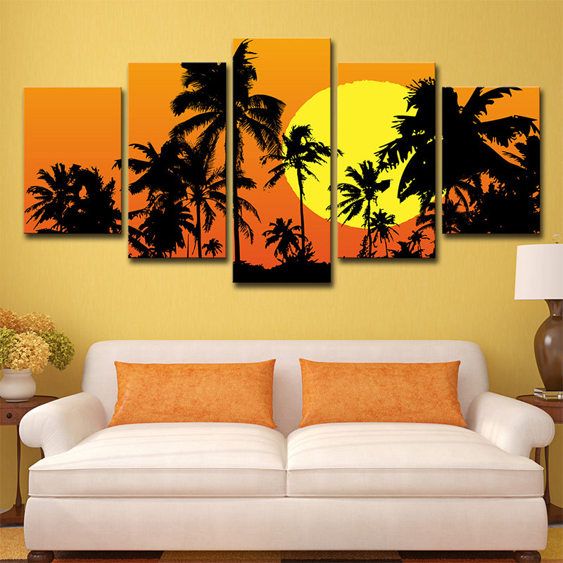 BowLift | Tropical Wall Decoration Orange Large Moon Behind Coconut Trees Canvas Print for Home